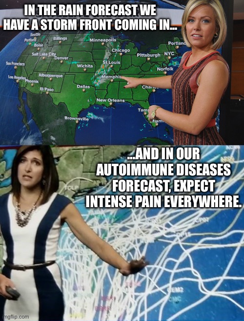 Autoimmune Forecast | IN THE RAIN FORECAST WE HAVE A STORM FRONT COMING IN…; …AND IN OUR AUTOIMMUNE DISEASES FORECAST, EXPECT INTENSE PAIN EVERYWHERE. | image tagged in weather,forecast,pain,storm,raining | made w/ Imgflip meme maker