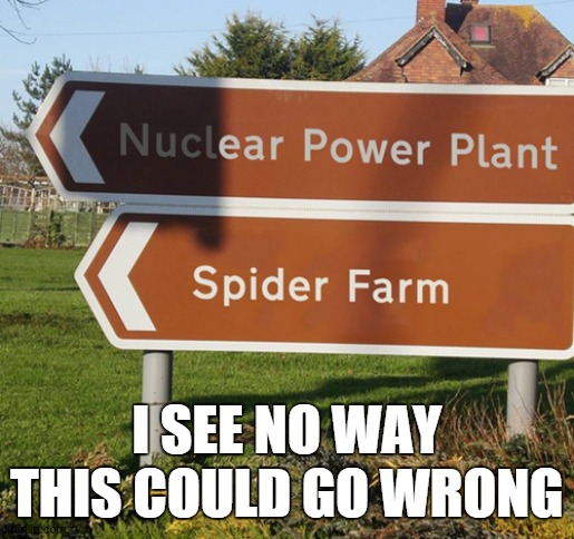 Bad city planning | I SEE NO WAY THIS COULD GO WRONG | image tagged in spider,farm,nuclear | made w/ Imgflip meme maker