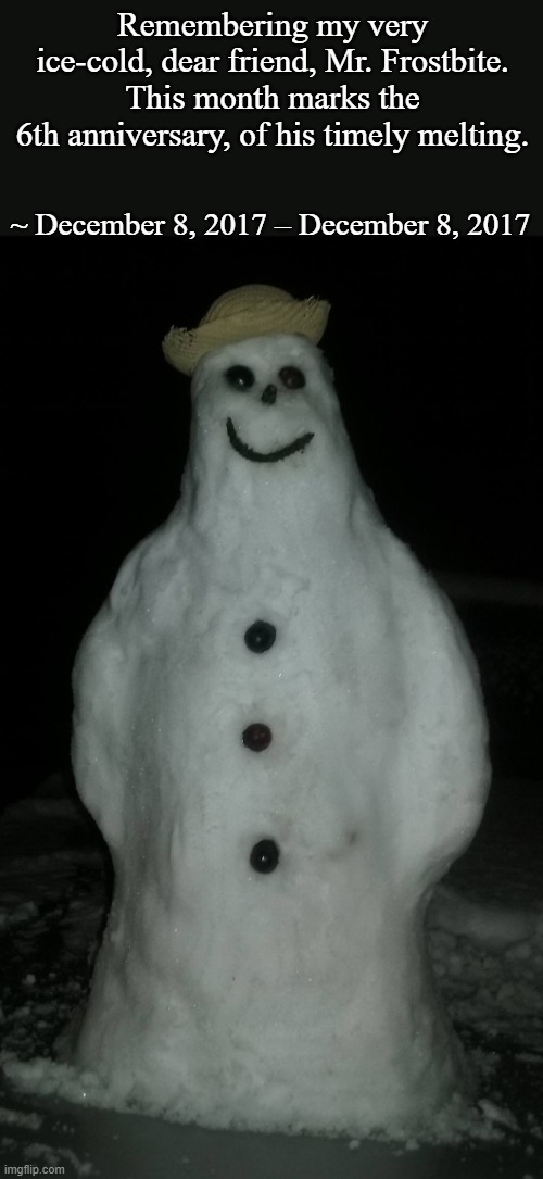 He was born, and then, no more, during the last Greater Houston snow day. | Remembering my very ice-cold, dear friend, Mr. Frostbite.  This month marks the 
6th anniversary, of his timely melting. ~ December 8, 2017 – December 8, 2017 | image tagged in houston,snowman,december,2017,anniversary | made w/ Imgflip meme maker
