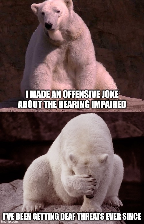 I ignored the signs | I MADE AN OFFENSIVE JOKE ABOUT THE HEARING IMPAIRED; I'VE BEEN GETTING DEAF THREATS EVER SINCE | image tagged in bad joke polar bear,dark humor,memes | made w/ Imgflip meme maker