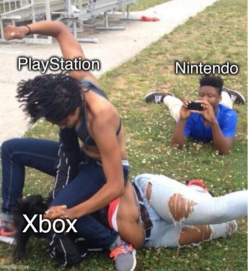 Nobody: game companies | Nintendo; PlayStation; Xbox | image tagged in guy recording a fight | made w/ Imgflip meme maker