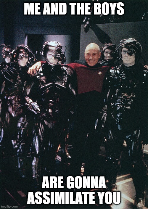 Assimilate This | ME AND THE BOYS; ARE GONNA ASSIMILATE YOU | image tagged in star trek captain picard and borg drones | made w/ Imgflip meme maker