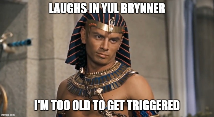 Laughs in Yul Brynner | LAUGHS IN YUL BRYNNER; I'M TOO OLD TO GET TRIGGERED | image tagged in yul brynner,funny memes,triggered | made w/ Imgflip meme maker