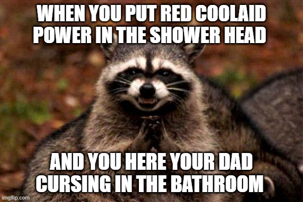 does anyone else do this? | WHEN YOU PUT RED COOLAID POWER IN THE SHOWER HEAD; AND YOU HERE YOUR DAD CURSING IN THE BATHROOM | image tagged in memes,evil plotting raccoon,pranks,coolaid | made w/ Imgflip meme maker