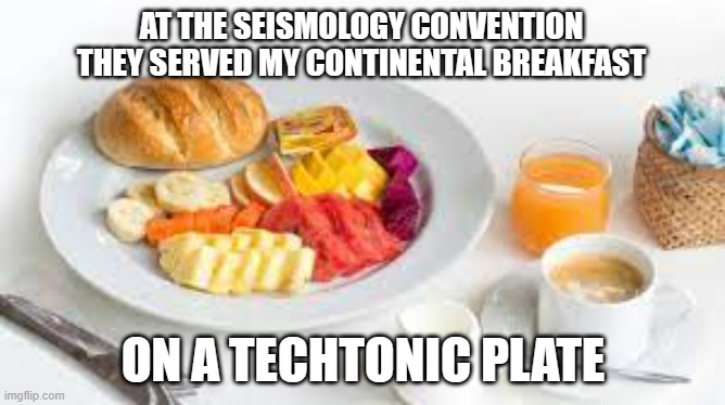 meme by Brad continental breakfast on tectonic plate | AT THE SEISMOLOGY CONVENTION THEY SERVED MY CONTINENTAL BREAKFAST; ON A TECHTONIC PLATE | image tagged in funny meme,humor,funny,geology,food memes,breakfast | made w/ Imgflip meme maker