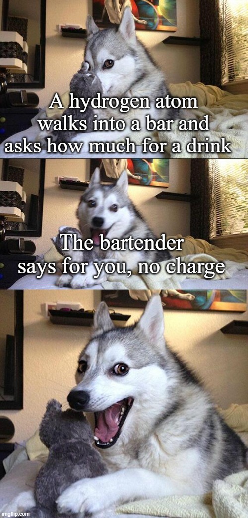 Do you get it? | A hydrogen atom walks into a bar and asks how much for a drink; The bartender says for you, no charge | image tagged in memes,bad pun dog,funny,meme,funny memes | made w/ Imgflip meme maker