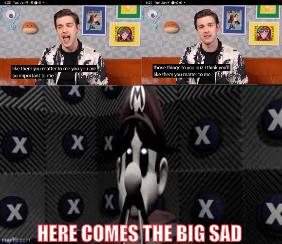 your heard of steve making you cry cus he never forgot you, now get ready for matpat making you cry cus ur importent to him | HERE COMES THE BIG SAD | image tagged in matpat,peter parker cry,retirement,here comes the big sad | made w/ Imgflip meme maker