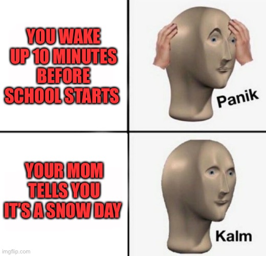 HAPPENED TO ME TODAY!!! | YOU WAKE UP 10 MINUTES BEFORE SCHOOL STARTS; YOUR MOM TELLS YOU IT’S A SNOW DAY | image tagged in panik kalm | made w/ Imgflip meme maker