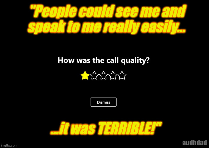 "How was the quality of your video call?" | "People could see me and speak to me really easily... ...it was TERRIBLE!"; audhdad | image tagged in video calls,zoom,review,autism,adhd,audhd | made w/ Imgflip meme maker