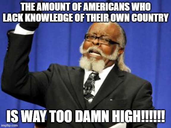 Sad but true | THE AMOUNT OF AMERICANS WHO LACK KNOWLEDGE OF THEIR OWN COUNTRY; IS WAY TOO DAMN HIGH!!!!!! | image tagged in memes,too damn high,america,stupid people,sad but true,truth | made w/ Imgflip meme maker