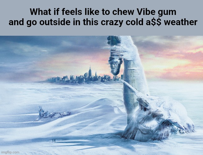 Hooray for winter or something | What if feels like to chew Vibe gum and go outside in this crazy cold a$$ weather | image tagged in day after tomorrow,vibe,gum,winter is here | made w/ Imgflip meme maker