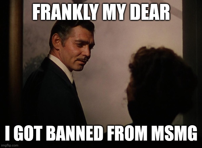 Frankly My Dear | FRANKLY MY DEAR; I GOT BANNED FROM MSMG | image tagged in frankly my dear | made w/ Imgflip meme maker