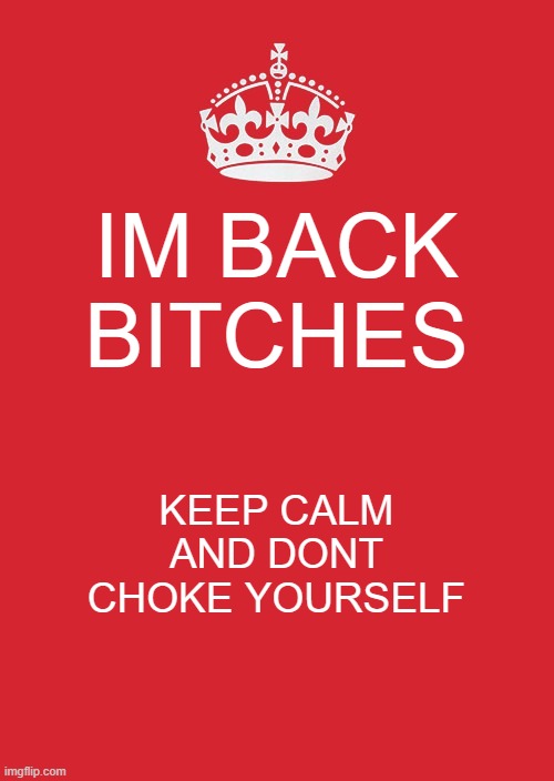 Keep Calm And Carry On Red | IM BACK BITCHES; KEEP CALM AND DONT CHOKE YOURSELF | image tagged in memes,keep calm and carry on red,imback | made w/ Imgflip meme maker