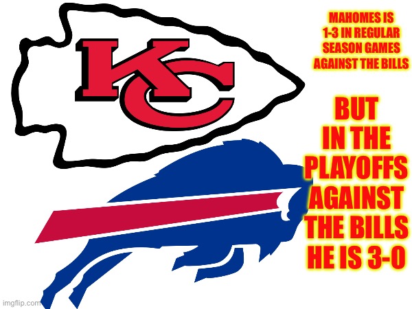 He wins when it matters | MAHOMES IS 1-3 IN REGULAR SEASON GAMES AGAINST THE BILLS; BUT IN THE PLAYOFFS AGAINST THE BILLS HE IS 3-0 | image tagged in kansas city chiefs,patrick,nfl playoffs | made w/ Imgflip meme maker
