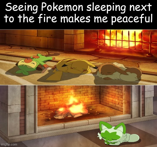 Wholesome Pokemon moments | Seeing Pokemon sleeping next to the fire makes me peaceful | image tagged in pokemon,memes,wholesome,anime,pop culture | made w/ Imgflip meme maker