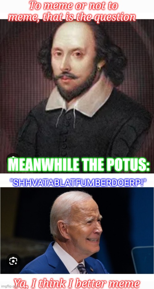 It's Now or Never | To meme or not to meme, that is the question; "SHHVATABLATFUMBERDOERP!"; MEANWHILE THE POTUS:; Ya, I think I better meme | image tagged in creepy joe biden,dementia,moron,save the earth | made w/ Imgflip meme maker