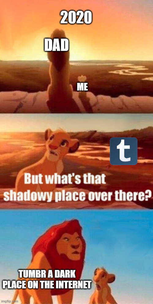 The dark side to Tumblr | 2020; DAD; ME; TUMBR A DARK PLACE ON THE INTERNET | image tagged in memes,simba shadowy place,2020,dad,warning | made w/ Imgflip meme maker