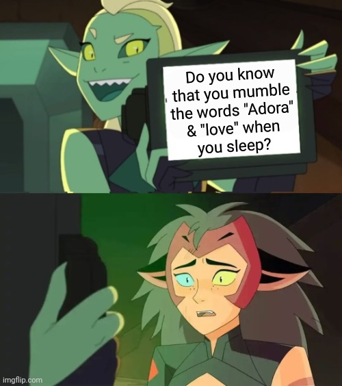 Gay panic ensues. | Do you know
that you mumble
the words "Adora"
& "love" when
you sleep? | image tagged in catra and double trouble,lesbian problems,lgbt,she-ra,cartoon,grumpy cat bed | made w/ Imgflip meme maker