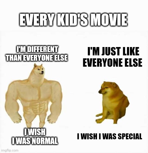 This is why you kids are confused | EVERY KID'S MOVIE; I'M DIFFERENT THAN EVERYONE ELSE; I'M JUST LIKE EVERYONE ELSE; I WISH I WAS SPECIAL; I WISH 
I WAS NORMAL | image tagged in strong dog vs weak dog | made w/ Imgflip meme maker
