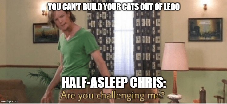 Title | YOU CAN'T BUILD YOUR CATS OUT OF LEGO; HALF-ASLEEP CHRIS: | image tagged in are you challenging me | made w/ Imgflip meme maker