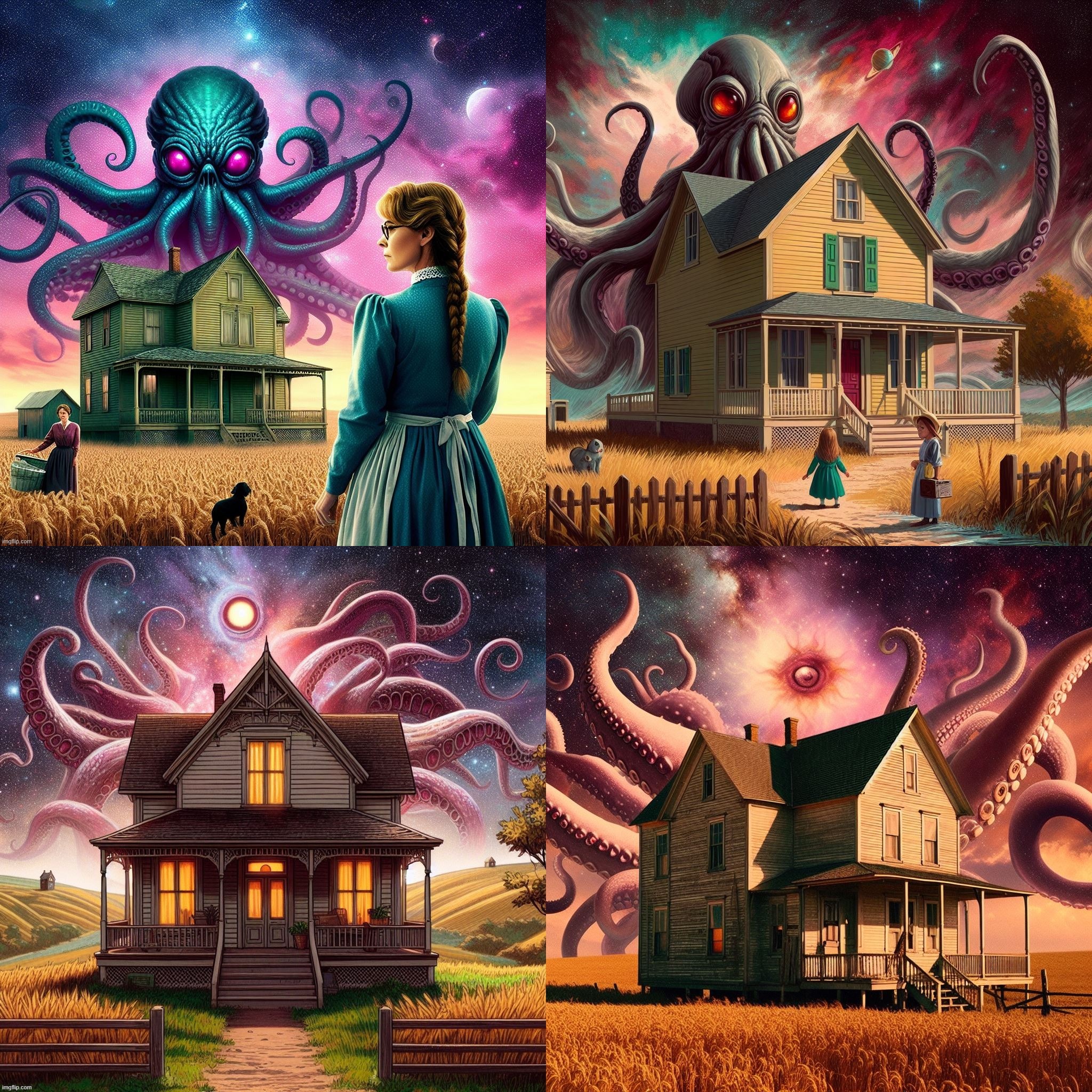 HP Lovecraft's Little House on the Prairie (AI generated) | image tagged in ai generated,little house on the prairie,lovecraft,cthulhu,western,joke | made w/ Imgflip meme maker