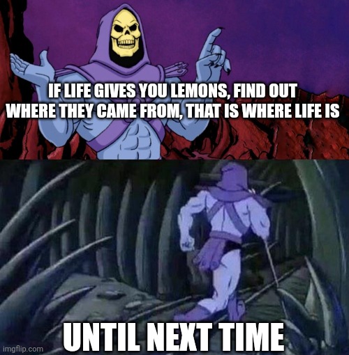 he man skeleton advices | IF LIFE GIVES YOU LEMONS, FIND OUT WHERE THEY CAME FROM, THAT IS WHERE LIFE IS; UNTIL NEXT TIME | image tagged in he man skeleton advices | made w/ Imgflip meme maker