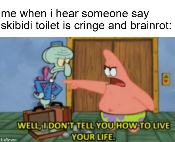 I don't tell you how to live your life | me when i hear someone say skibidi toilet is cringe and brainrot: | image tagged in i don't tell you how to live your life | made w/ Imgflip meme maker