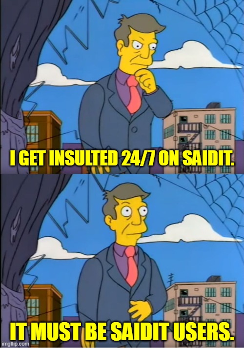 It must be SaidIt users | I GET INSULTED 24/7 ON SAIDIT. IT MUST BE SAIDIT USERS. | image tagged in skinner out of touch,saidit,insults,users | made w/ Imgflip meme maker