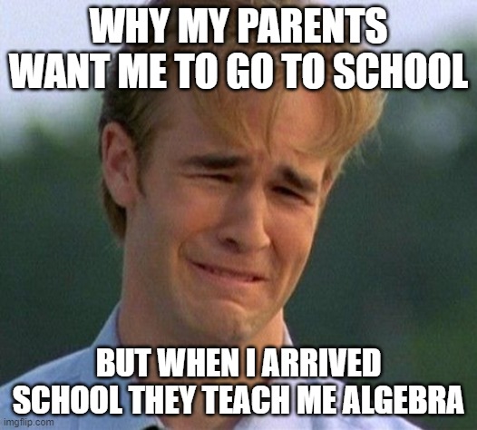 FIRST DAY OF SCHOOL! | WHY MY PARENTS WANT ME TO GO TO SCHOOL; BUT WHEN I ARRIVED SCHOOL THEY TEACH ME ALGEBRA | image tagged in memes,1990s first world problems | made w/ Imgflip meme maker