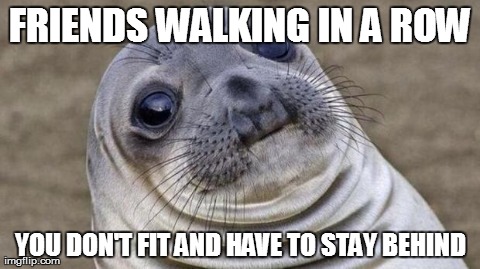 Awkward Moment Sealion | FRIENDS WALKING IN A ROW YOU DON'T FIT AND HAVE TO STAY BEHIND | image tagged in awkward moment seal,AdviceAnimals | made w/ Imgflip meme maker