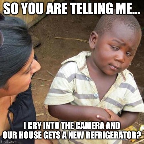 Africa donation ads be like | SO YOU ARE TELLING ME... I CRY INTO THE CAMERA AND OUR HOUSE GETS A NEW REFRIGERATOR? | image tagged in memes,third world skeptical kid | made w/ Imgflip meme maker