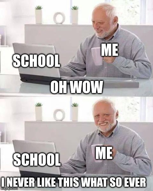 school is not fun anymore | ME; SCHOOL; OH WOW; ME; SCHOOL; I NEVER LIKE THIS WHAT SO EVER | image tagged in memes,hide the pain harold | made w/ Imgflip meme maker