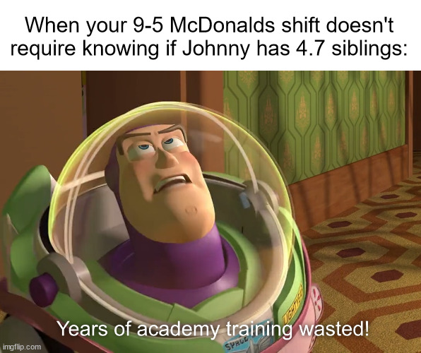 Why does school teach you everything you DON'T need to know? | When your 9-5 McDonalds shift doesn't require knowing if Johnny has 4.7 siblings: | image tagged in years of academy training wasted,jobs,math,funny,memes,if you can read this you are gay | made w/ Imgflip meme maker