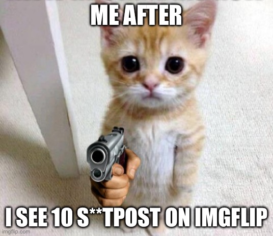 Standing Cat with Gun | ME AFTER; I SEE 10 S**TPOST ON IMGFLIP | image tagged in standing cat with gun,relatable,relatable memes,kittens,kitten,yeah | made w/ Imgflip meme maker