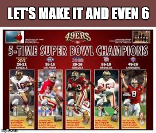 meme by Brad San Francisco 49ers 6 Super Bowl victories | LET'S MAKE IT AND EVEN 6 | image tagged in fun,nfl memes,san francisco 49ers,super bowl,kansas city chiefs,nfl football | made w/ Imgflip meme maker