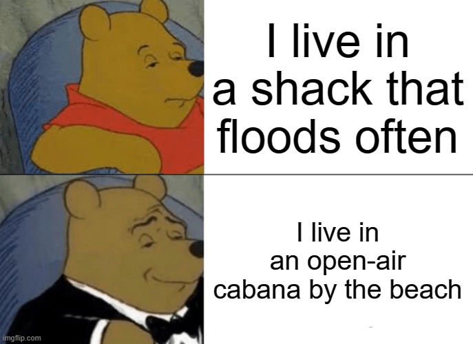 Tuxedo Winnie The Pooh | I live in a shack that floods often; I live in an open-air cabana by the beach | image tagged in memes,tuxedo winnie the pooh,beach,water,winnie the pooh,house | made w/ Imgflip meme maker