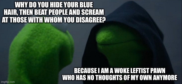 Down with the blue haired woke mob! | WHY DO YOU HIDE YOUR BLUE HAIR, THEN BEAT PEOPLE AND SCREAM AT THOSE WITH WHOM YOU DISAGREE? BECAUSE I AM A WOKE LEFTIST PAWN WHO HAS NO THOUGHTS OF MY OWN ANYMORE | image tagged in memes,evil kermit,woke,stupid liberals,fjb | made w/ Imgflip meme maker