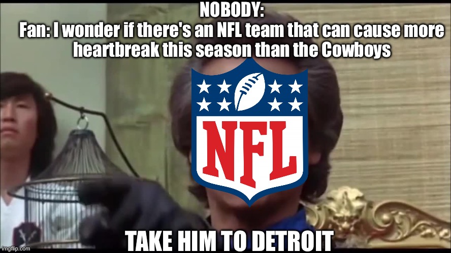 Fax | NOBODY:
Fan: I wonder if there's an NFL team that can cause more heartbreak this season than the Cowboys; TAKE HIM TO DETROIT | image tagged in nfl,detroit lions | made w/ Imgflip meme maker