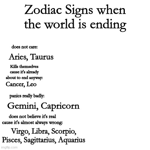 Zodiac Signs when the world is ending | Zodiac Signs when the world is ending; does not care:; Aries, Taurus; Kills themselves cause it's already about to end anyway:; Cancer, Leo; panics really badly:; Gemini, Capricorn; does not believe it's real cause it's almost always wrong:; Virgo, Libra, Scorpio, Pisces, Sagittarius, Aquarius | made w/ Imgflip meme maker