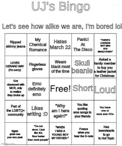 I made this long ago and now have somewhere to post it ^^ | image tagged in blank bingo,emo bingo | made w/ Imgflip meme maker