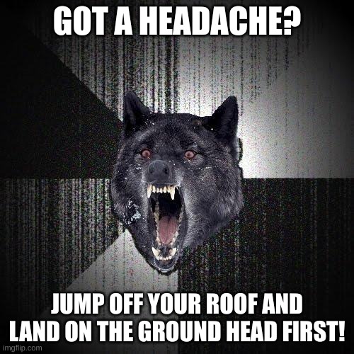 don't try this plz | GOT A HEADACHE? JUMP OFF YOUR ROOF AND LAND ON THE GROUND HEAD FIRST! | image tagged in memes,insanity wolf | made w/ Imgflip meme maker