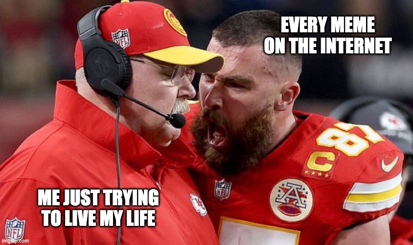 Every Meme | EVERY MEME ON THE INTERNET; ME JUST TRYING TO LIVE MY LIFE | image tagged in superbowl,travis kelse,andy reid,nfl memes | made w/ Imgflip meme maker