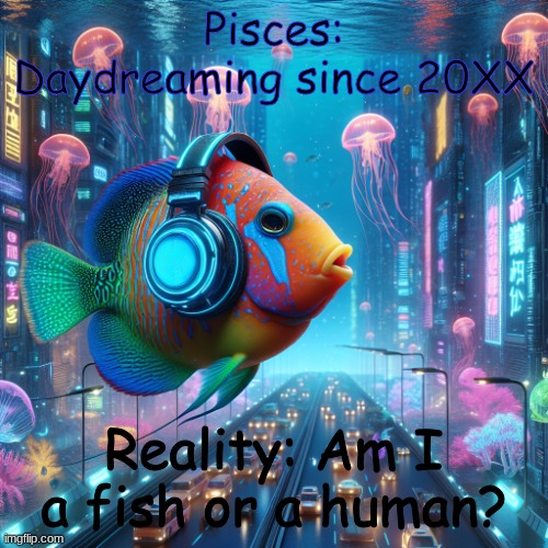 Fish with headphones | Pisces: Daydreaming since 20XX; Reality: Am I a fish or a human? | image tagged in fish with headphones | made w/ Imgflip meme maker