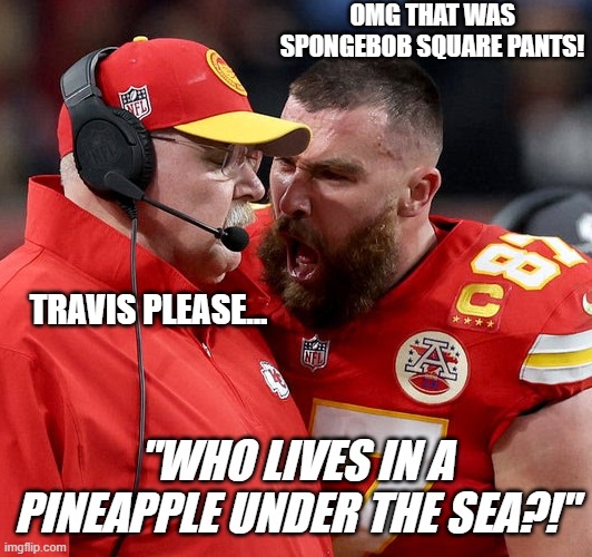 DID YOU SEE THAT?! | OMG THAT WAS SPONGEBOB SQUARE PANTS! TRAVIS PLEASE... "WHO LIVES IN A PINEAPPLE UNDER THE SEA?!" | image tagged in travis kelce screaming,nfl,funny,memes,spongebob,taylor swift | made w/ Imgflip meme maker