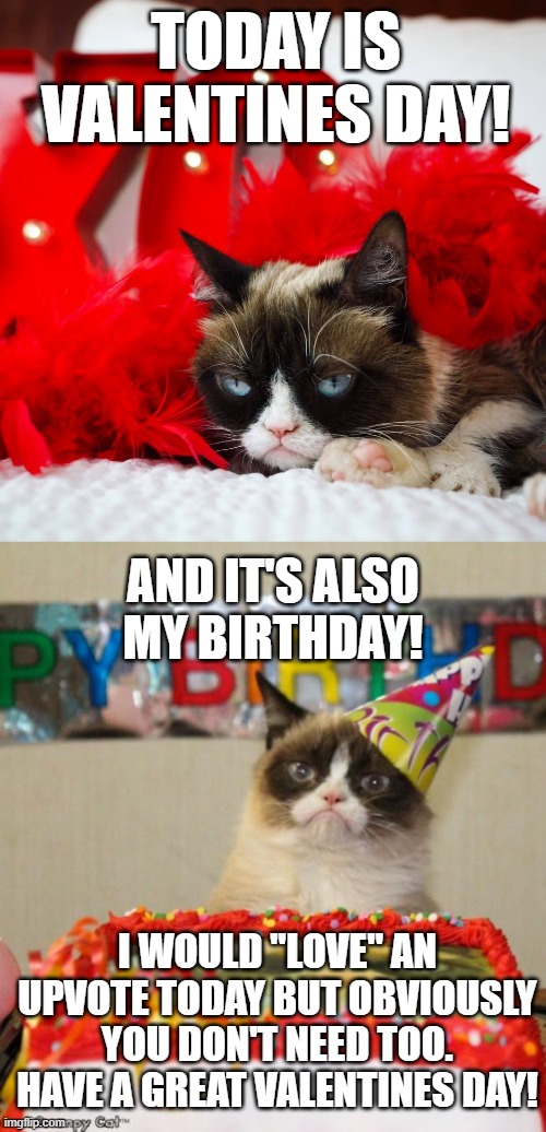 Happy Valentines Day everyone! | TODAY IS VALENTINES DAY! AND IT'S ALSO MY BIRTHDAY! I WOULD "LOVE" AN UPVOTE TODAY BUT OBVIOUSLY YOU DON'T NEED TOO. HAVE A GREAT VALENTINES DAY! | image tagged in grumpy cat valentine bah humbug,memes,grumpy cat birthday,birthday,valentine's day | made w/ Imgflip meme maker