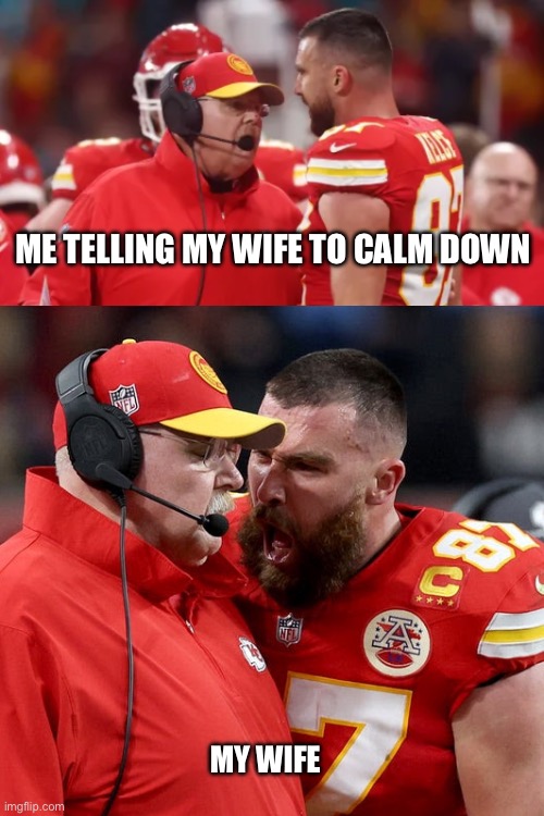 Well, that went well | ME TELLING MY WIFE TO CALM DOWN; MY WIFE | image tagged in travis kelce screaming | made w/ Imgflip meme maker