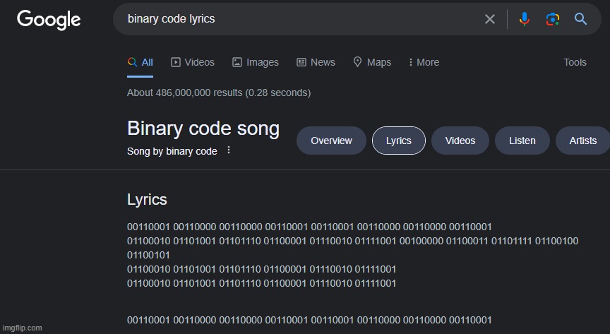 image tagged in binary,binary code,google search,song lyrics,amazing,google | made w/ Imgflip meme maker