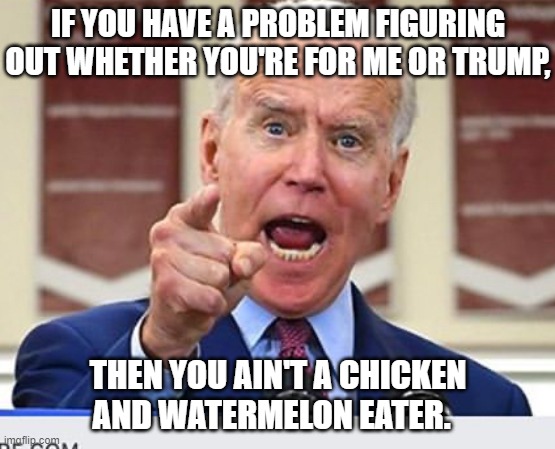 IF YOU HAVE A PROBLEM FIGURING OUT WHETHER YOU'RE FOR ME OR TRUMP, THEN YOU AIN'T A CHICKEN AND WATERMELON EATER. | image tagged in joe biden no malarkey | made w/ Imgflip meme maker
