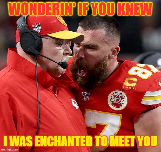 Travis Kelce screaming | WONDERIN' IF YOU KNEW; I WAS ENCHANTED TO MEET YOU | image tagged in travis kelce screaming,taylor swift,taylor swiftie,super bowl | made w/ Imgflip meme maker