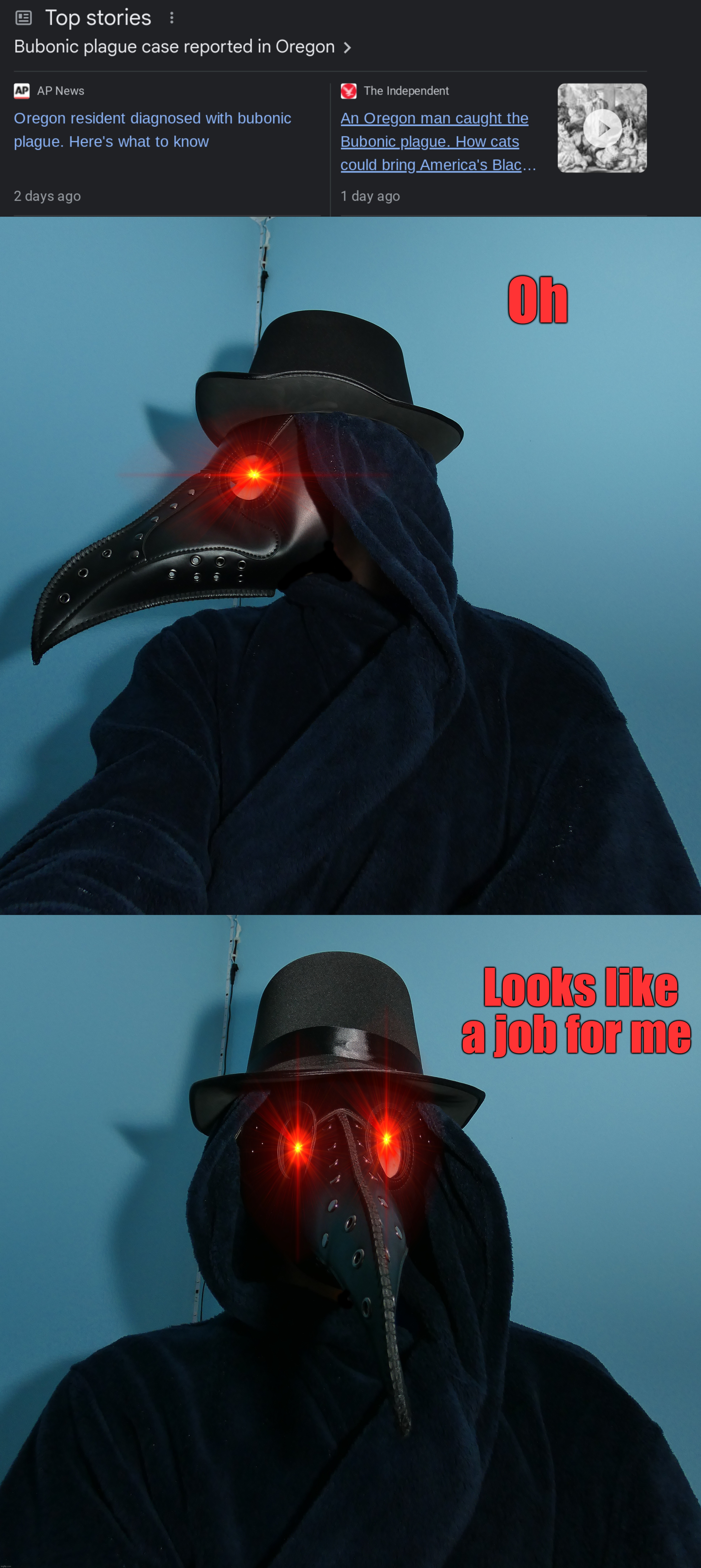 I'm on it bois | Oh; Looks like a job for me | image tagged in memes,funny,bubonic plague,plague doctor,iceu,the return of the king | made w/ Imgflip meme maker